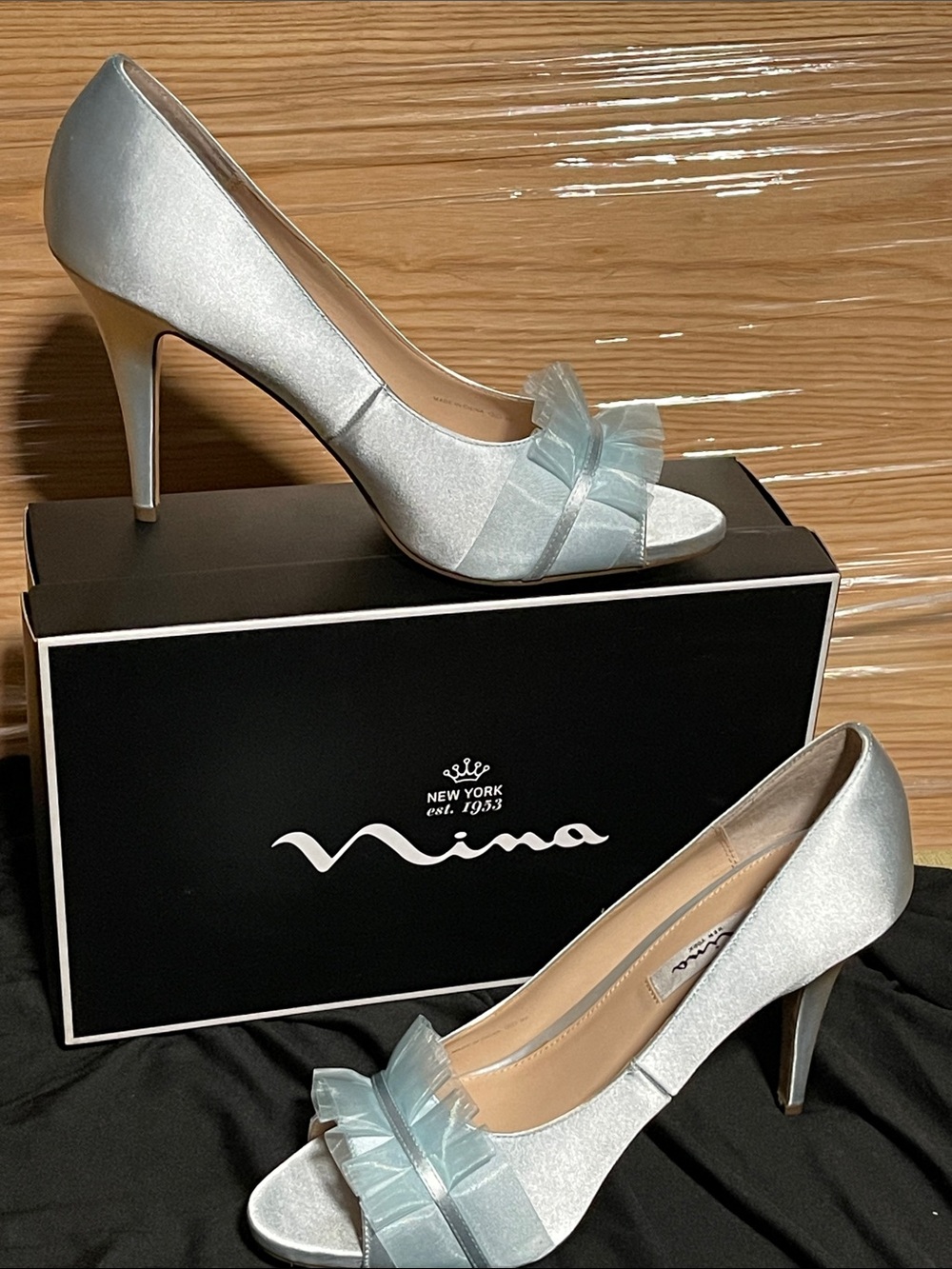 Nina Silver Satin Peep-Toe Heels with Pale Blue Bow